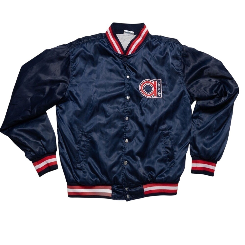 Rare Vintage 1980s Adidas Trefoil Satin Bomber Jacket – Navy/Red – Men's L, EUC
